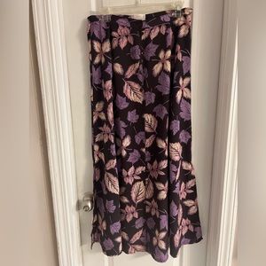 Long button-up skirt with purple, pink & cream colored leaves print; women’s 14